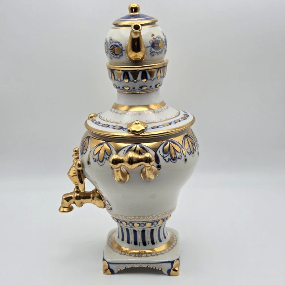 Vintage Russian Gzhel Decorative USSR Porcelain‎ Samovar Teapot Gift Gold Gilt